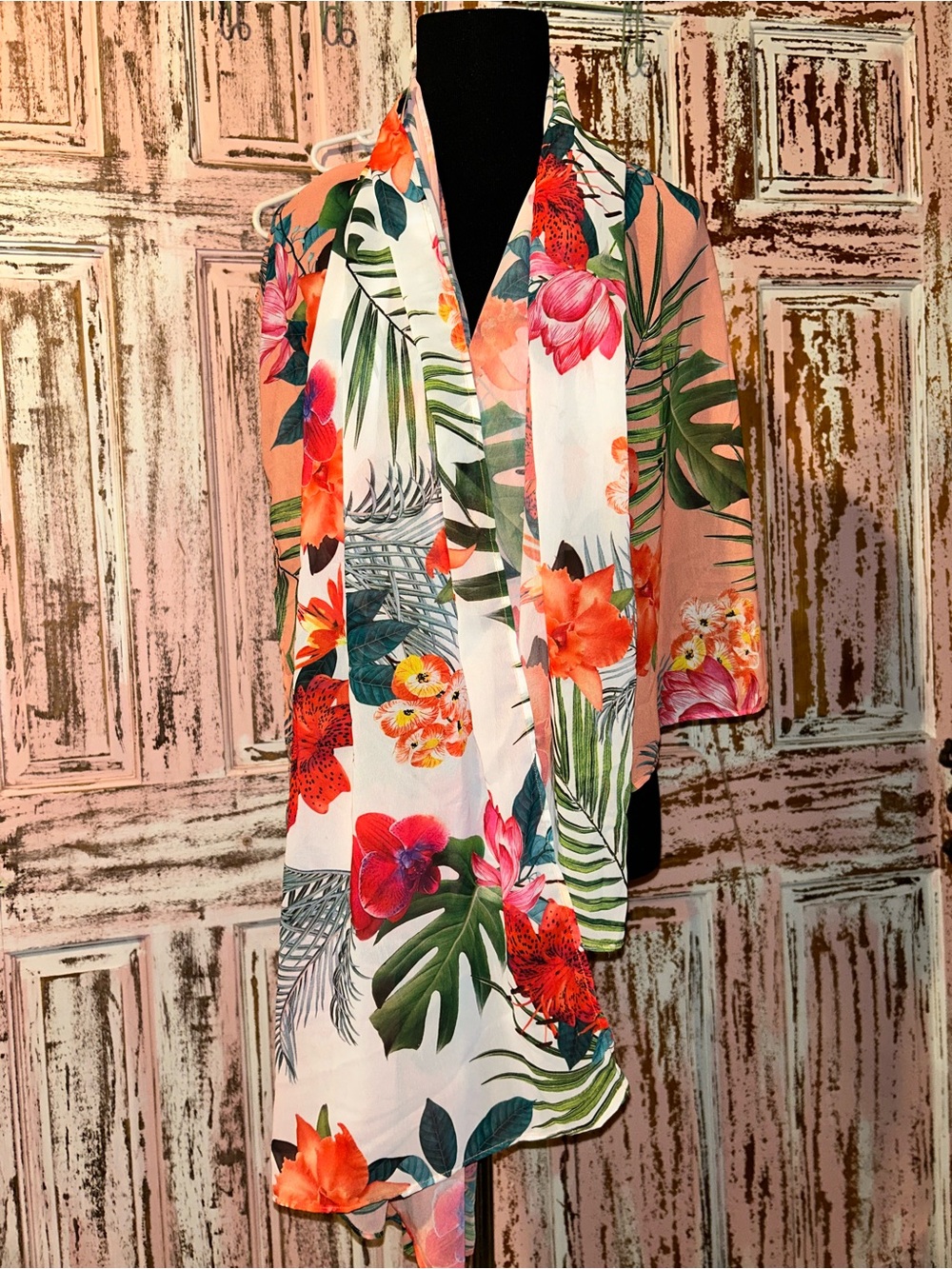 La Blanca Tropical Floral Scarf Shawl Wrap - Pink, White, Green, Orange